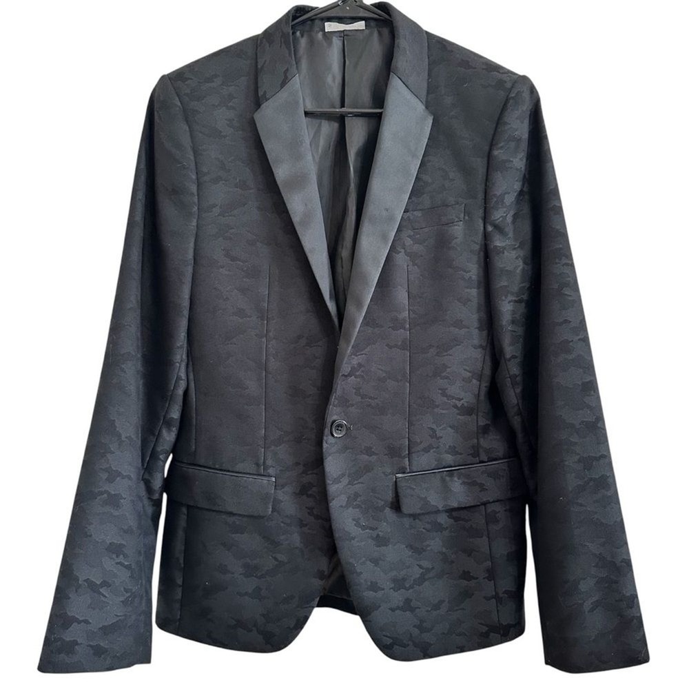 Original Use Mens Black Camo Jacquard Blazer Satin Peak Lapel Jacket‎ Small